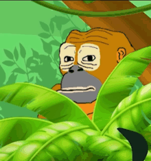 a cartoon of a monkey in the jungle with a sad look on his face