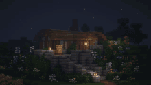 a house in a video game with a lantern lit up