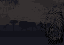 a silhouette of a lion and a giraffe with birds flying in the sky