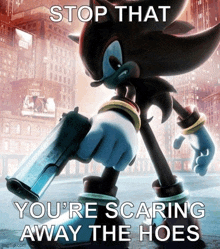 a poster of shadow the hedgehog holding a gun with the caption stop that you 're scaring away the hoes .