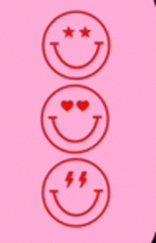 three red smiley faces are lined up on a pink background