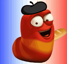 a cartoon worm wearing a beret and holding a loaf of bread