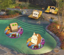 a group of cartoon characters are floating in a pool