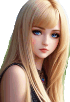 a girl with long blonde hair and blue eyes is wearing a black dress