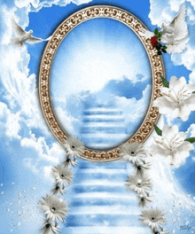 a picture of stairs leading to heaven with flowers and birds