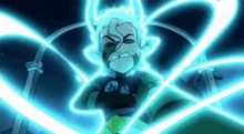 a cartoon character with horns and a green shirt is surrounded by blue lights .