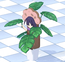 a cartoon character with purple hair is standing next to a potted plant with green leaves