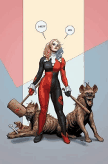 harley quinn is standing next to two hyenas holding a bat