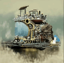 a steampunk vehicle is flying through the air with a few people on top