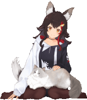 a girl with fox ears sits on the floor holding a cat