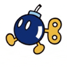 a cartoon drawing of a blue bomb with yellow legs and feet and a wind up key .