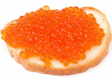 a slice of bread covered in red caviar on a white background