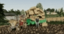 a blurry picture of a pile of hay in a field with trees in the background