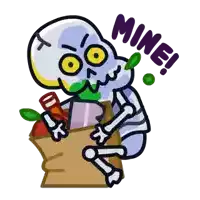 a cartoon of a skeleton holding a bag of food with the word mine above him