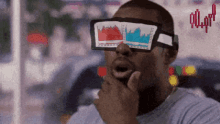 a man wearing a pair of 3d glasses with graphs on them looks surprised