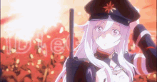 a girl with long white hair wearing a hat and holding a gun