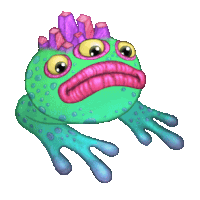 a green frog with purple crystals on its head and pink lips