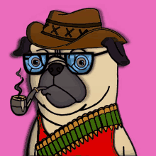 a cartoon pug wearing a cowboy hat and glasses smoking a pipe