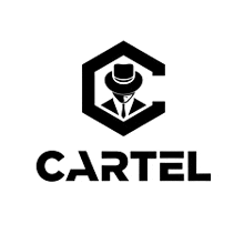 a black and white logo for cartel with a man in a top hat .