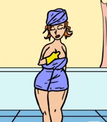 a cartoon of a woman wrapped in a towel standing in a bathtub