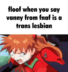 a picture of an angry anime girl with the words floof when you say vanny from fnaf is a trans lesbian