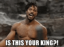 a shirtless man is standing in front of a waterfall and says is this your king ?