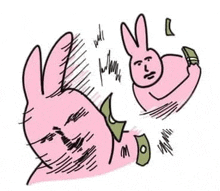 a drawing of a pink rabbit holding a dollar bill and another rabbit holding a dollar bill .