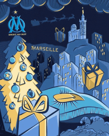 a cartoon drawing of a christmas tree and gifts with the word marseille in the background