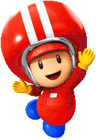 a red toad wearing a helmet and gloves is waving