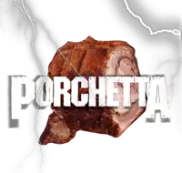 a piece of meat with the word porchetta written on it