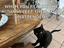 a black cat standing in front of a table with a caption that says when you realize