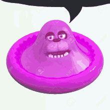 a purple condom has a cartoon face on it