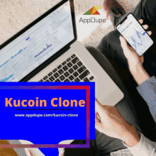 a person holding a cell phone next to a laptop that says kucoin clone on the bottom