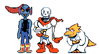 a pixel art of undertale characters including papyrus and alphys standing next to each other on a white background .