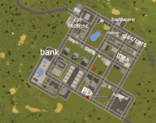 an aerial view of a city with the word bank on it