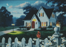 a painting of a house at night with a cardinal sitting on the fence