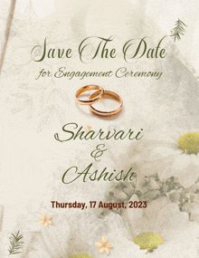 a save the date for the engagement ceremony of sharvari & ashish