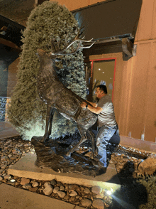 a man kneeling down next to a statue of a deer in front of a building