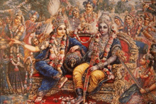 a painting of a man and a woman sitting on a couch surrounded by a crowd of people .