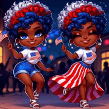 two cartoon girls are standing next to each other holding american flags and smiling .