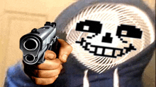 a person in a hoodie is pointing a gun at the camera with a pixelated face on their face