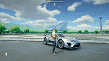 a man standing next to a silver sports car in a video game called spectar