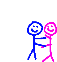 a blue stick figure and a pink stick figure are hugging