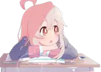 a girl with pink hair sits at a desk with a eraser on it