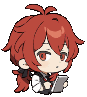 a chibi character with red hair is holding a tablet and a pen .