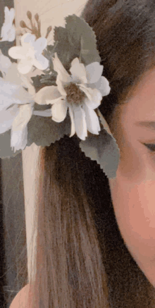 a close up of a woman 's head with flowers in her hair