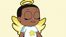 a cartoon angel with wings and a halo on her head giving a peace sign