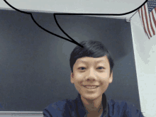 a boy with a speech bubble above his head is smiling in front of an american flag