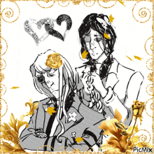 a black and white drawing of a man and a woman with gold flowers and hearts