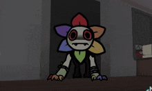 a cartoon character with a rainbow flower on its head is standing in a dark room